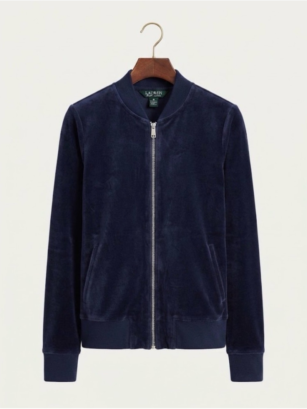Lauren Ralph Lauren Navy Blue Velvet Full-Zip Bomber Jacket | Size M